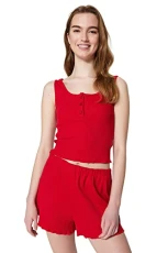 Women's Plain Button Detailed Knit Camisole-Shorts Pajama Set, Dark red, S