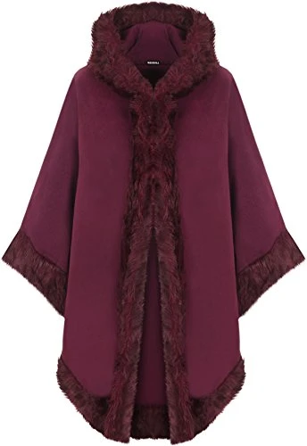 Women's Plain Faux Fur Trim Hood Cape Shawl Cloak Poncho Coat Top - Magenta - One Size