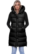 Womens Plain Long Hooded Lightweight Gilet Thicken Coat With Side Pockets Longline Padded Ladies Winter wear Bodywarmer