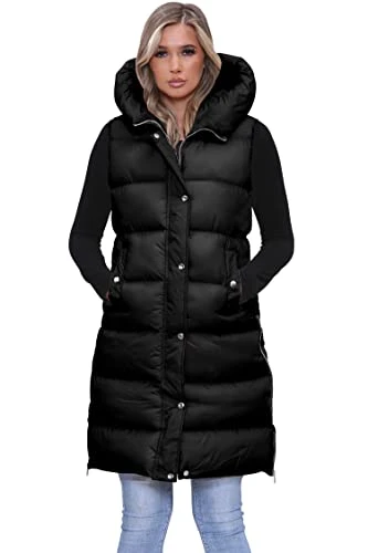 Womens Plain Long Hooded Lightweight Gilet Thicken Coat With Side Pockets Longline Padded Ladies Winter wear Bodywarmer