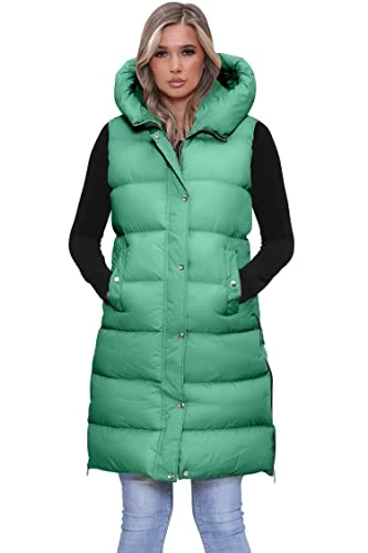 Womens Plain Long Hooded Lightweight Gilet Thicken Coat With Side Pockets Longline Padded Ladies