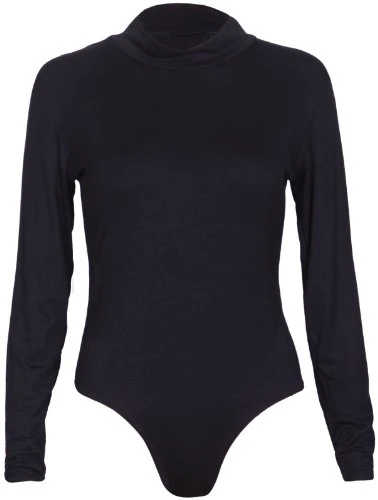 Womens Plain Long Sleeves Ladies Bodysuit Stud Popper Fastening Polo Turtle Neck Leotard Top Black S