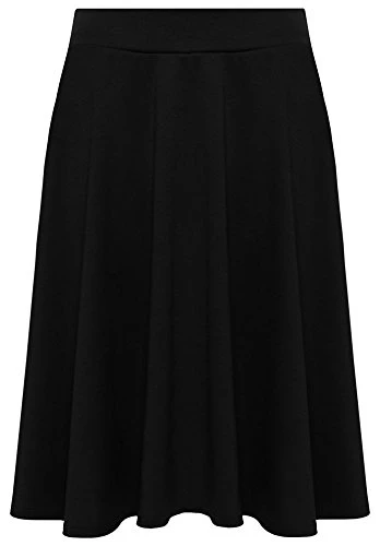 Womens Plain Midi Skirt Summer Dress Ladies Soft Stretch Elastic Waist Flared Skater Midi Skirt Plus Size (Black, 24-26)