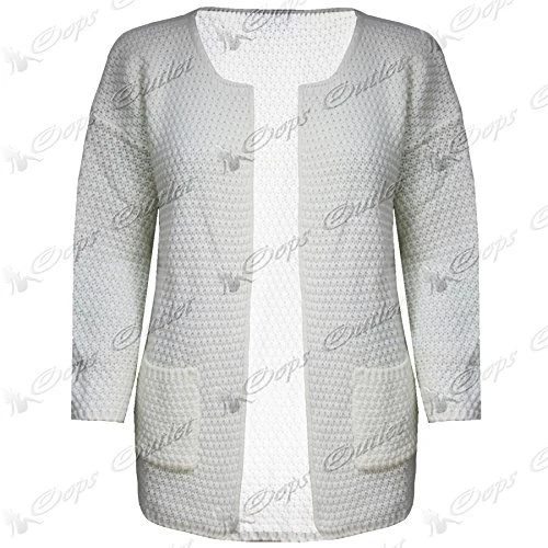Womens Plain Open Front Fishernet Chunky Knitted Boyfriend Cardigan Top Cream - Warm Knitwear Waterfall Casual New Cable L, UK 12