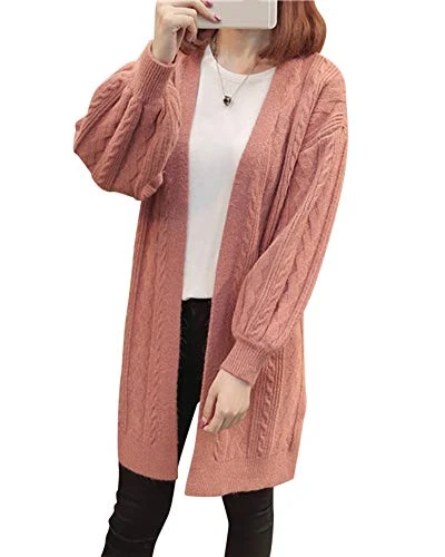 Womens Plain Open Front Knit Long Loose Knit Cardigan Thick Brown