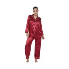 ® Women's Plain Silky Stain Sleepwear Pyjama Set - Ladies Long Sleeve Button Down Shirt and Pjs Soft Trouser Loungewear Nightwear Suit (Red, 12-14)