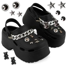 Womens Platform Heeled Clogs with Removable Charms - Womens Gifts (Black, 5/6 UK)