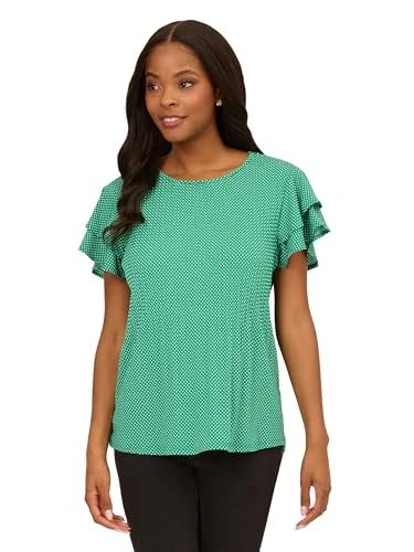 Women's Pleated Knit Double Sleeve Top, Vivid Green/Ivory Small Dot, L