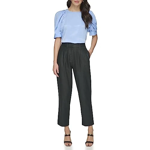 Women's Pleated Linen Trousers Pants, Black, 14