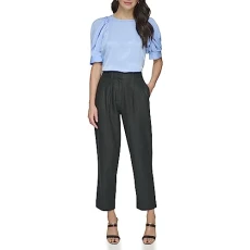 Women's Pleated Linen Trousers Pants, Black, 14