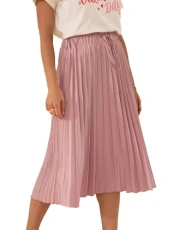 Women's Pleated Midi Skirt High Waist Pleated Skirt with Lacing A-line Summer Elegant Skirt, pink, L