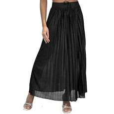 Womens Pleated Satin Flared Summer Maxi Skirt (as8, Alpha, l, x_l, Regular, Regular, Black)