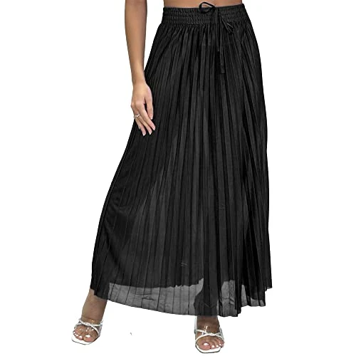 Womens Pleated Satin Flared Summer Maxi Skirt (as8, Alpha, m, l, Regular, Regular, Black)