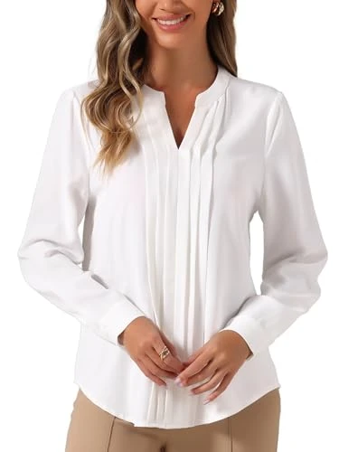 Women's Pleated Shirt Formal Long Sleeve Blouse for Business Office V-Neck Casual Blouse, White, XL