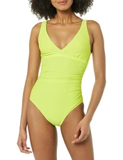 Women's Plunge Tummy Control Shaping Swimsuit, Yellow, 10 Women's Plunge Tummy Control Shaping Swimsuit, Yellow, 10