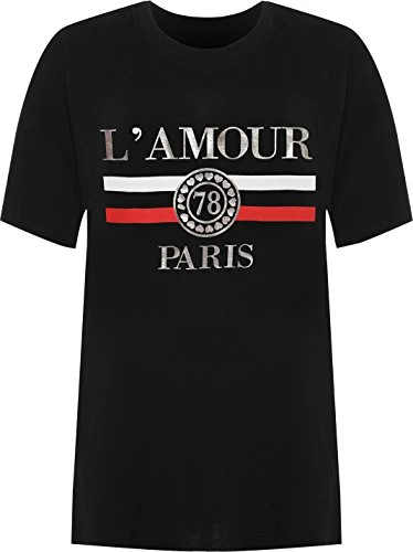 Women's Plus Amour Paris Slogan Foil Print Baggy Short Sleeve T-Shirt Ladies Top - Black - 20