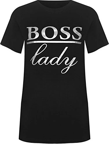 Women's Plus Boss Lady Slogan Foil Print Short Sleeve T-Shirt New Ladies Top - Black - 18