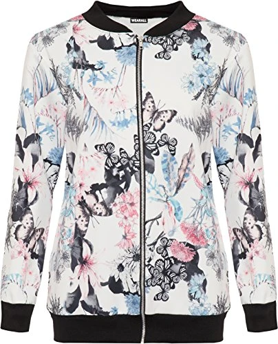 Women's Plus Butterfly Bomber Jacket Ladies Print Long Sleeve Zip Up Stretch - Blue - 20