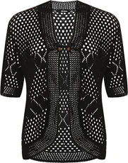 Women's Plus Crochet Knitted Open Tied Cardigan Ladies Short Sleeve Shrug Top New - Black - 16-18