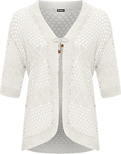 Women's Plus Crochet Knitted Open Tied Cardigan Ladies Short Sleeve Shrug Top New - White - 16-18