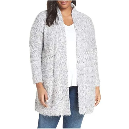 Womens Plus Eyelash-Knit Open Front Cardigan Sweater, Pearl Ivory 3X