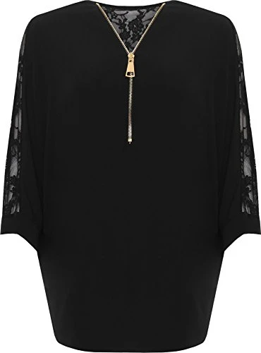 Women's Plus Floral Lace Back Zip V-Neck Batwing Sleeve Crepe Ladies Chiffon Top - Black - 24-26