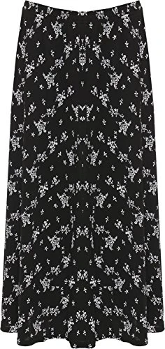 Womens Plus Floral Midi Skirt Ladies Elasticated Waist Print Stretch Long Black White 16-18