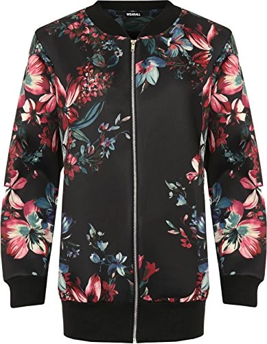 Women's Plus Floral Print Bomber Jacket Ladies Long Sleeve Zip Crew Neck - Black - 18