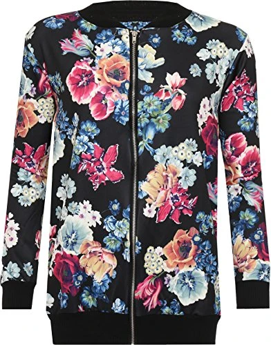 Womens Plus Floral Rose Print Bomber Jacket Long Sleeve Zip Coat Varsity - Black - 22-24