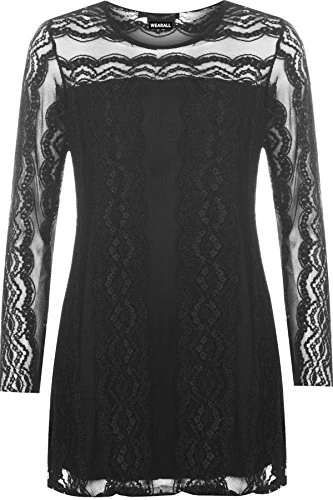 Women's Plus Lace Lined Sheer Long Sleeve Stretch Round Neck Tunic Ladies Top - Black - 26-28