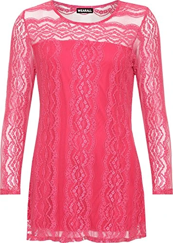 Women's Plus Lace Lined Sheer Long Sleeve Stretch Round Neck Tunic Ladies Top - Cerise - 26-28