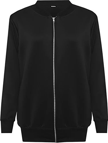 Women's Plus Plain Bomber Jacket Ladies Basic Long Sleeve Zip Up Elasticated Top - Black - 14