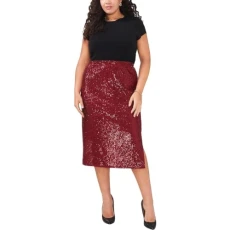 Womens Plus Sequined Side Slit Midi Skirt Red 2X Womens Plus Sequined Side Slit Midi Skirt Red 2X