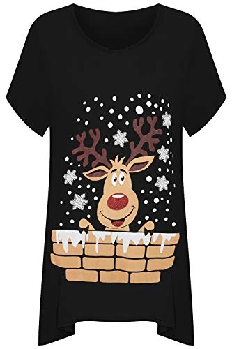 Women's Plus Short Sleeve Reindeer Snowflake Hanky Hem Long Top Ladies T-Shirt - Black - 22-24