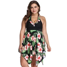 Womens Plus Size 2 Piece Swimsuits - Halterneck Ruched Swimdress + Bikini Bottom Brief - Backless Green Leaf & Red Flower 5XL