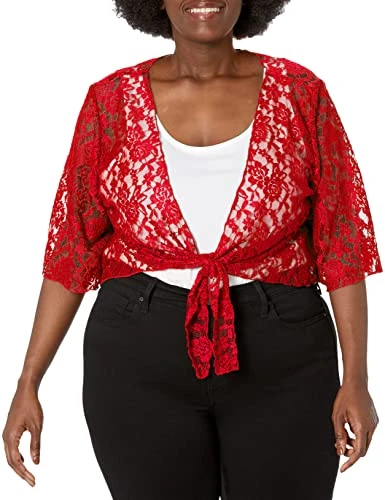 Women's Plus-Size 3/4 Sleeve Lace Tiefront Shrug Sweater - red - 3X