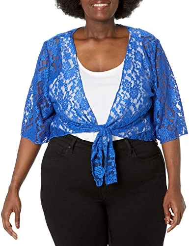 Women's Plus-Size 3/4 Sleeve Lace Tiefront Shrug Sweater, Solid Royal, 3X