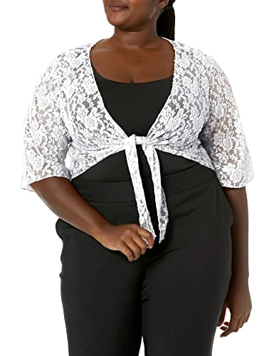 Women's Plus-Size 3/4 Sleeve Stretch Lace Tiefront Shrug Sweater Bolero, Ivory-Coloured, 2X