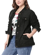 Women's Plus Size Button Down Washed Denim Jacket with Chest Flap Pockets Black 5X