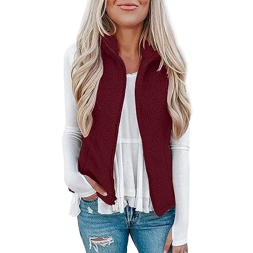 Women's Plus Size Casual Colour Block Plush Zip Loose Blouse Warm Coat Vest Tanks Everything Has Time 2022 Women's Outdoor Women Jacket Waist Coat, Wine Red, 5X-Large