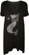 Womens Plus Size Cat Stud Short Sleeve Ladies Hanky Hem T-Shirt Tunic Top - Black - 20