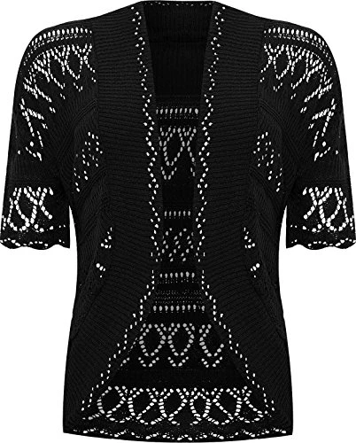 Womens Plus Size Crochet Knitted Short Sleeve Ladies Open Cardigan Top - Black - 16-18