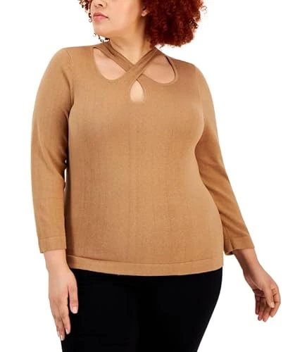 Women's Plus Size Cross-Over-Neckline Sweater (Vicuna, 0X)