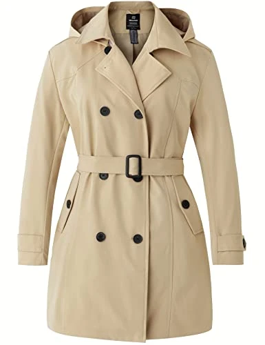 Women's Plus Size Double-Breasted Trench Coat Waterproof Classic Lapel Overcoat Stylish Pea Coat wit