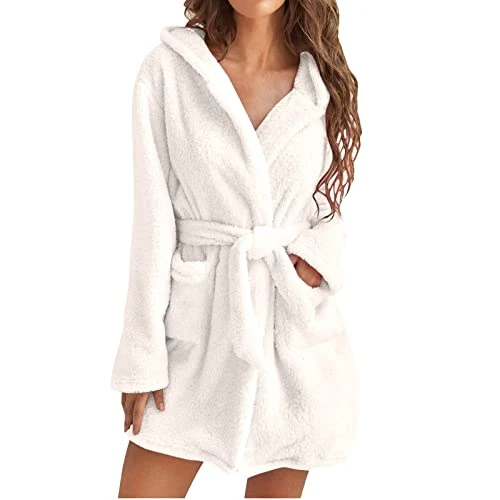 Women's Plus Size Dressing Gown Soft Bathrobes Cotton Plush Dressing Gown with Hood Unisex Bathrobe for Home Women Comfortable Warm Bathrobe for Home Hotel Spa, White, XL