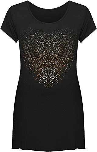 Womens Plus Size Heart Stud Hanky Hem Ladies Short Sleeve Long Top - Black - 26-28