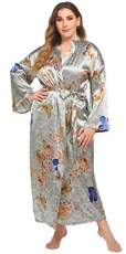 Women's Plus Size Kimono Robes Women Satin Dressing Gown Ladies Plus Size Pyjamas Long Floral Printed Kimono Robe for Women Wedding Pyjamas Party Nightwear 4XL Grey