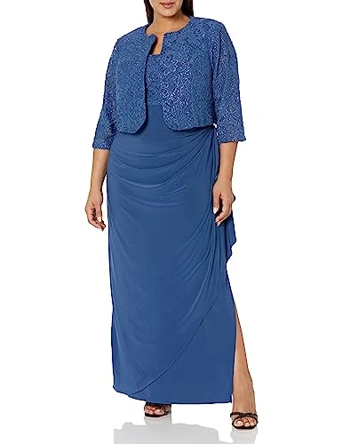 Women's Plus-Size Lace Bolero Jacket Dress with Side Ruched Skirt, Wedgewood Lace, 20 Plus