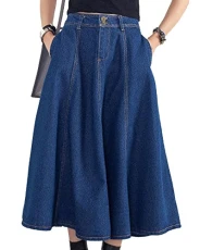 Women's Plus Size Long Skirts Pure Color Pockets Flared Midi Skirt Dark Blue S