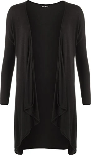 Womens Plus Size Long Sleeve Plain Cardigan Womens Open Waterfall Top Black 24/26